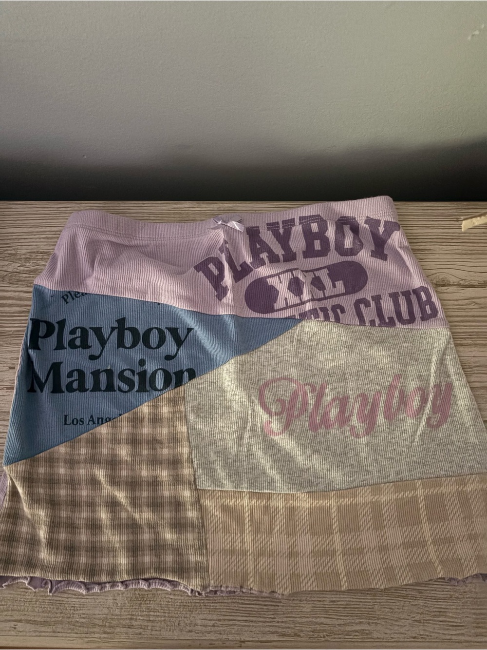 PLAYBOY Patchwork Midi Skirt in Lavender, Blue & Beige Tones